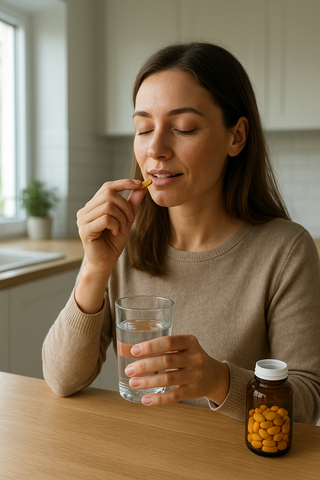 Egy nő vitamin tablettát vesz be vízzel egy konyhai asztalnál.