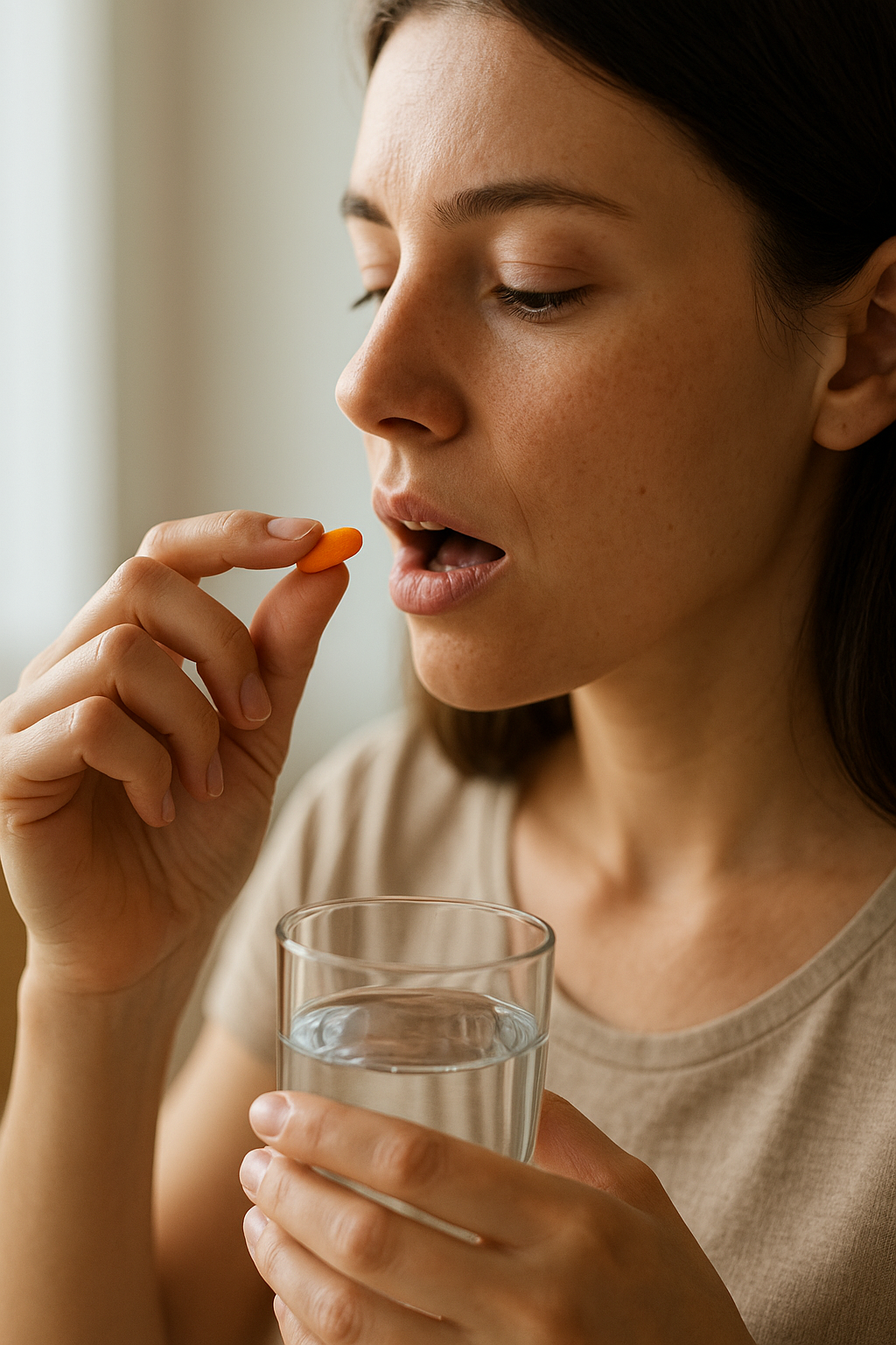 Egy nő vitamin tablettát készül bevenni, miközben vizet tart a kezében.