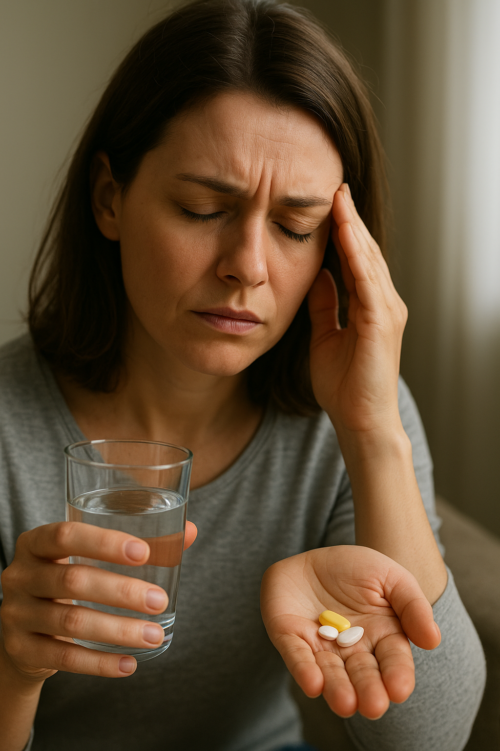 Egy nő vízzel és vitaminokkal a kezében, fejfájással küzd.