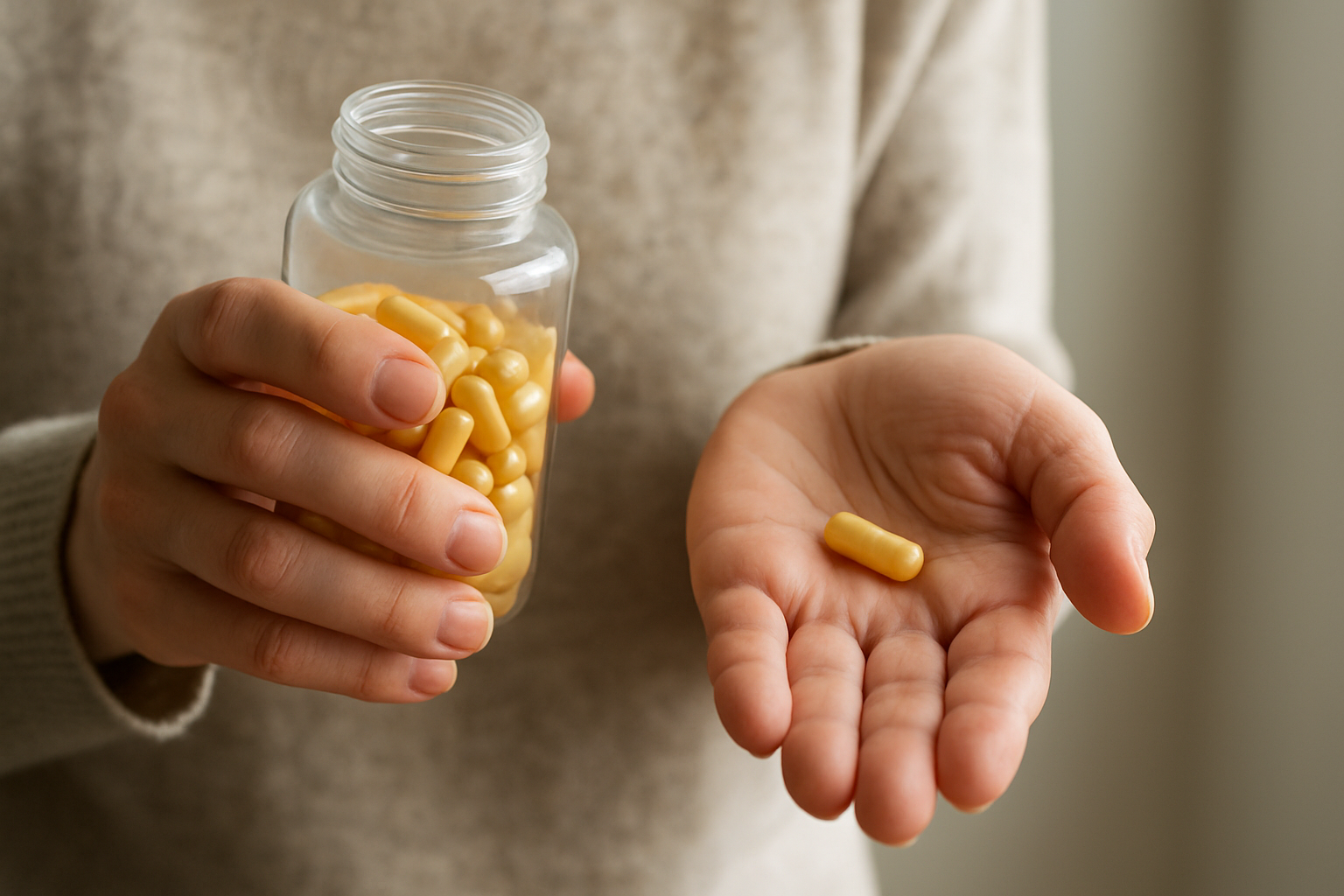 Egy kézben vitamin kapszulák, a másikban egy sárga kapszula látható.