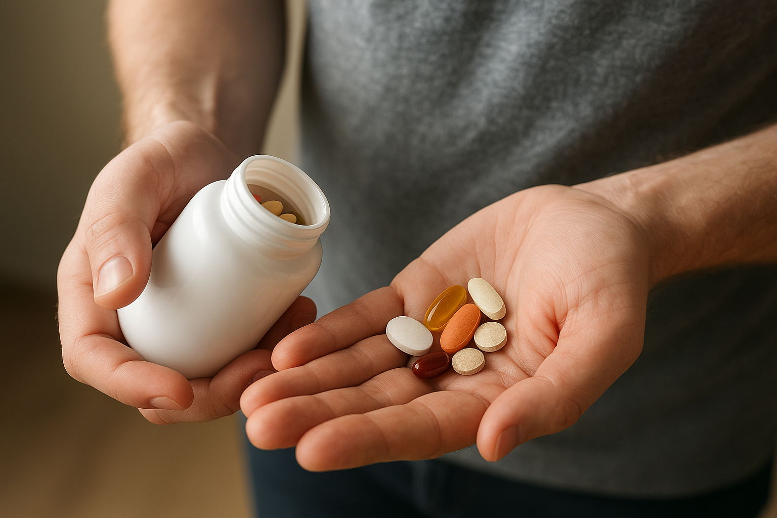 Egy férfi kezében vitaminok és táplálékkiegészítők láthatók, miközben egy fehér üveg is a másik kezében van.