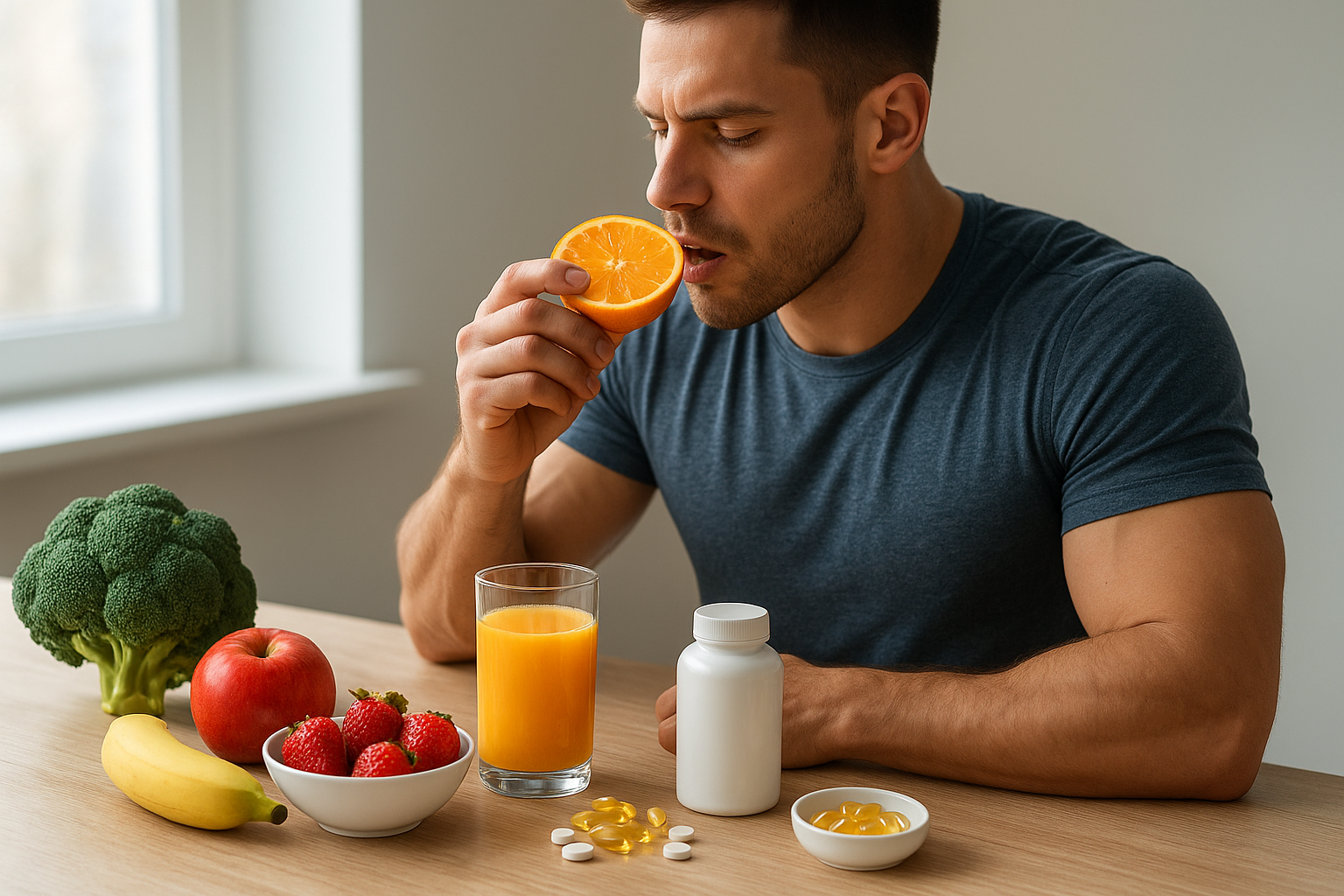 Egy sportoló narancsot fogyaszt, mellette friss gyümölcsök és vitaminok találhatók.