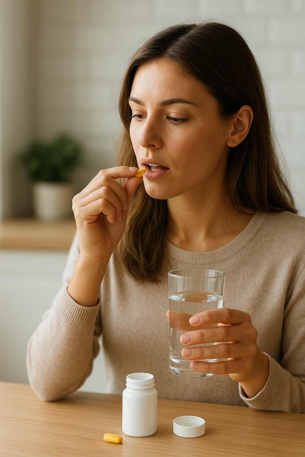 Egy nő vitamin kapszulát vesz be vízzel, egészséges táplálkozásra utalva.