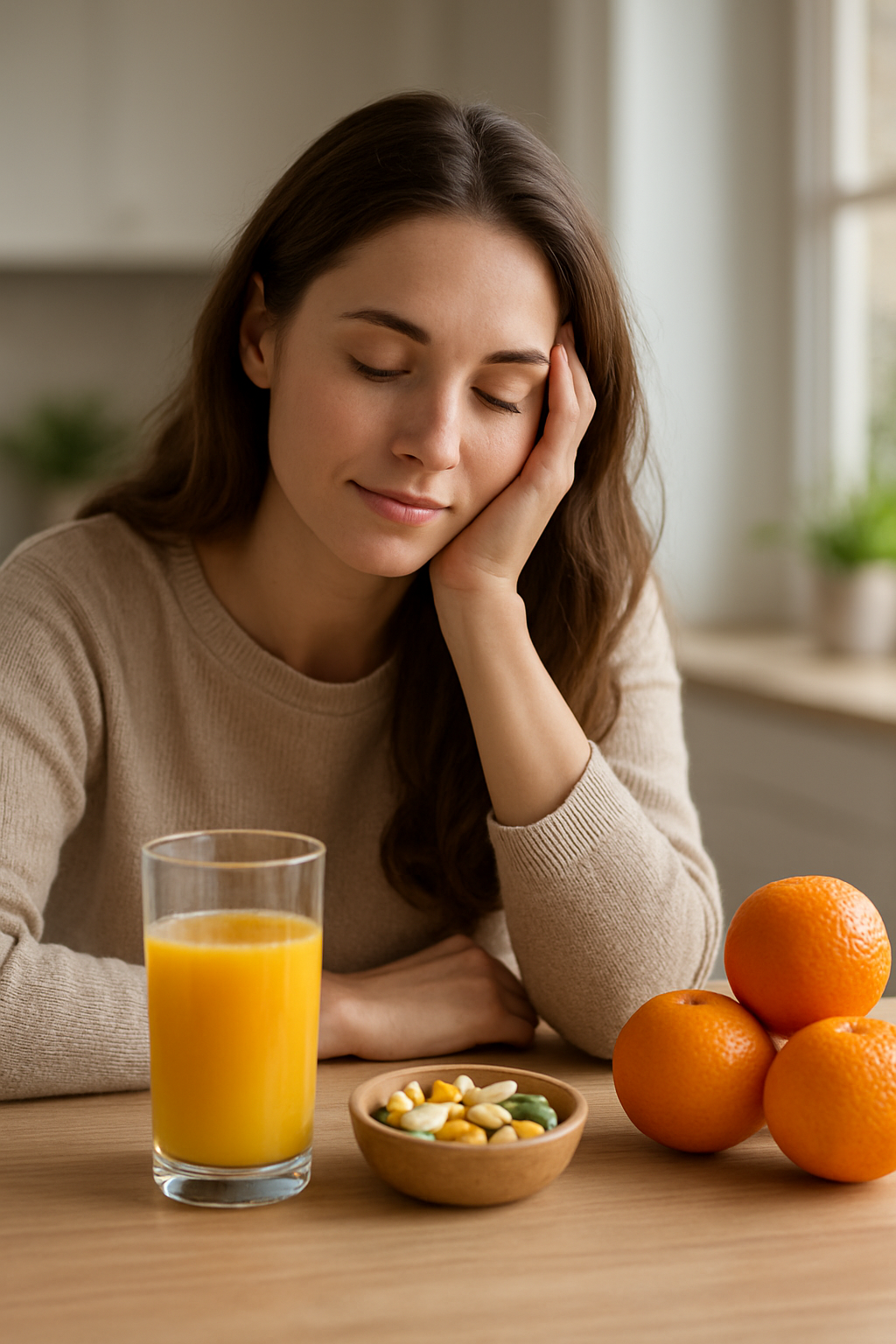 Egy fáradt nő narancslét és vitaminokat néz az asztalon.
