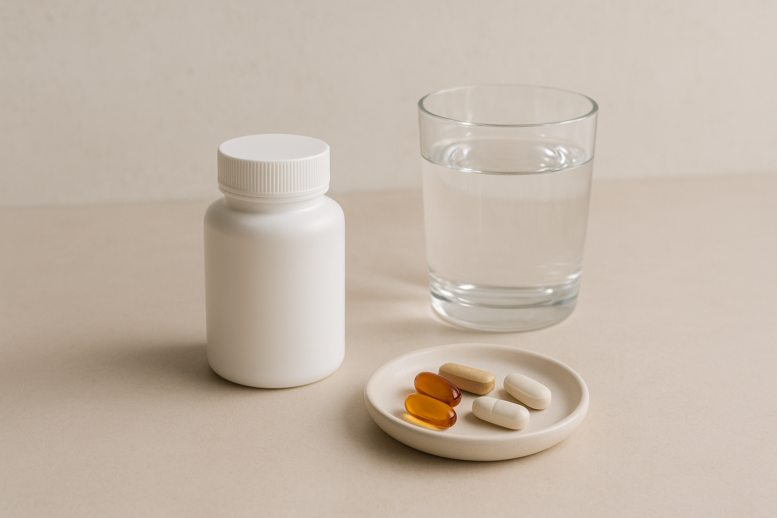 Egy fehér vitaminos üveg, mellette különböző vitaminok és egy pohár víz.