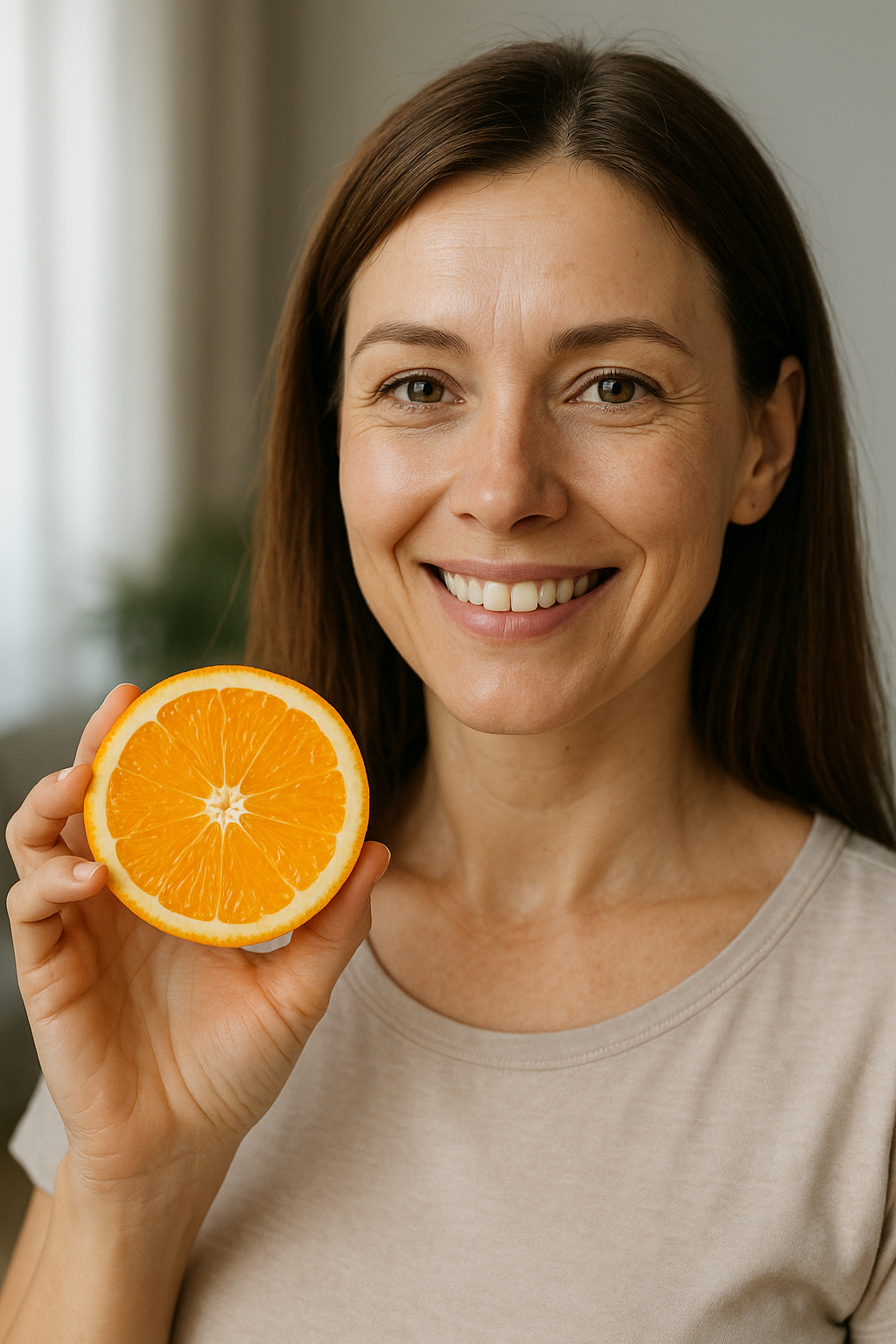 Egy nő mosolyogva tart a kezében egy fél narancsot, amely gazdag C-vitaminban.