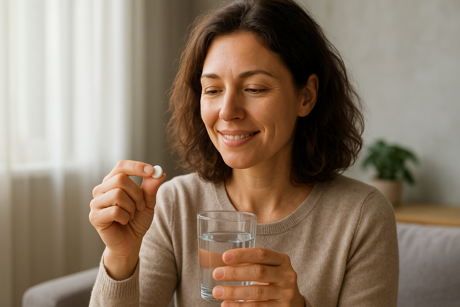 Egy nő mosolyogva nézi a D-vitamint tartalmazó tablettát, miközben vizet tart a kezében.