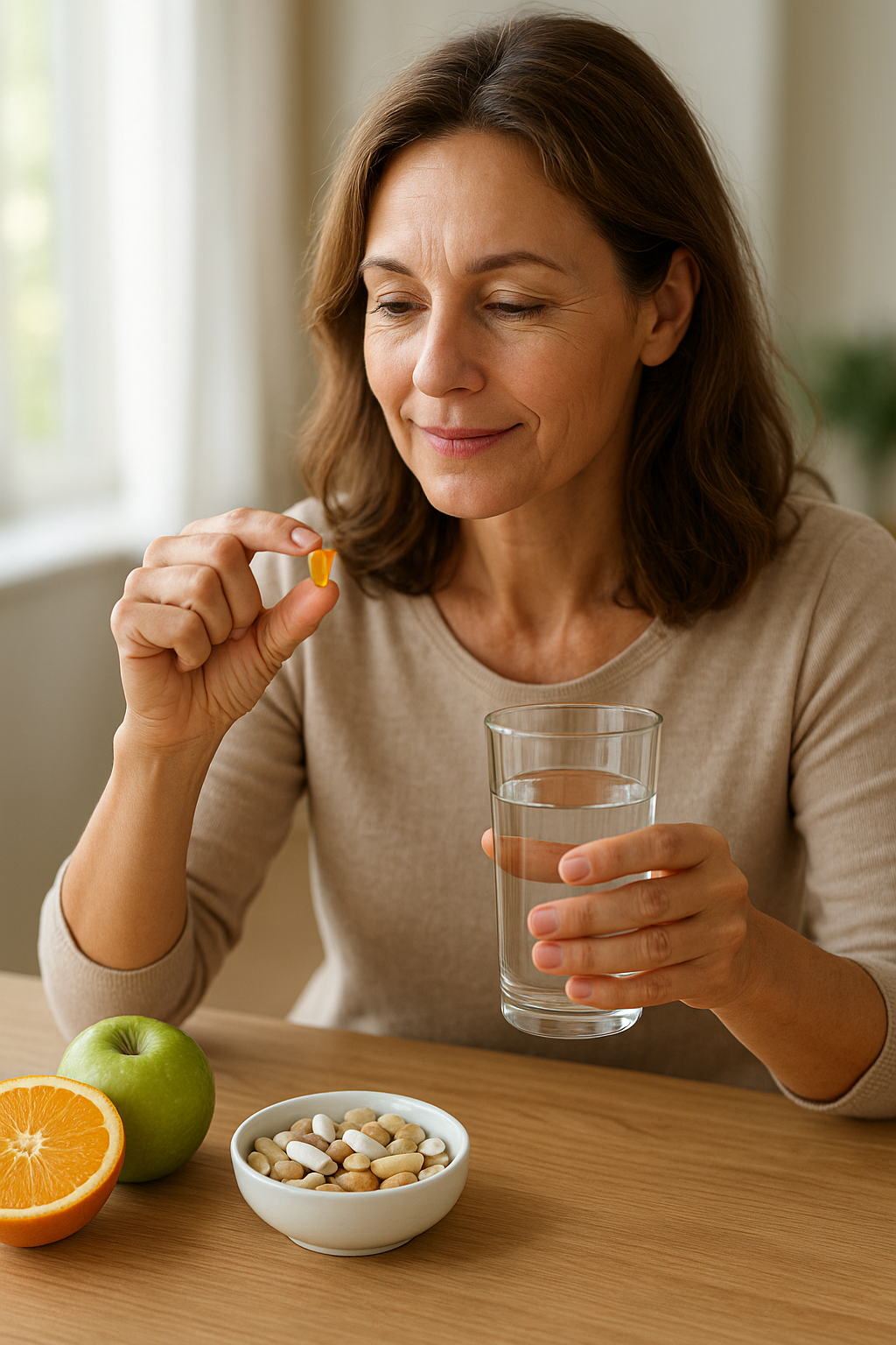 Egy nő vitamin kapszulát tart a kezében, miközben vizet iszik.