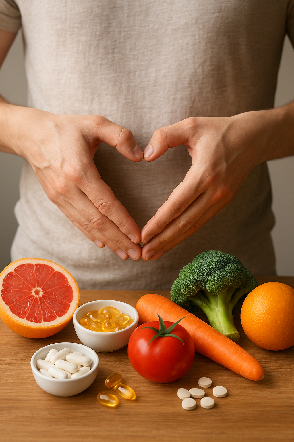 Különböző vitaminokat és zöldségeket tartalmazó asztal, egészséges táplálkozás.