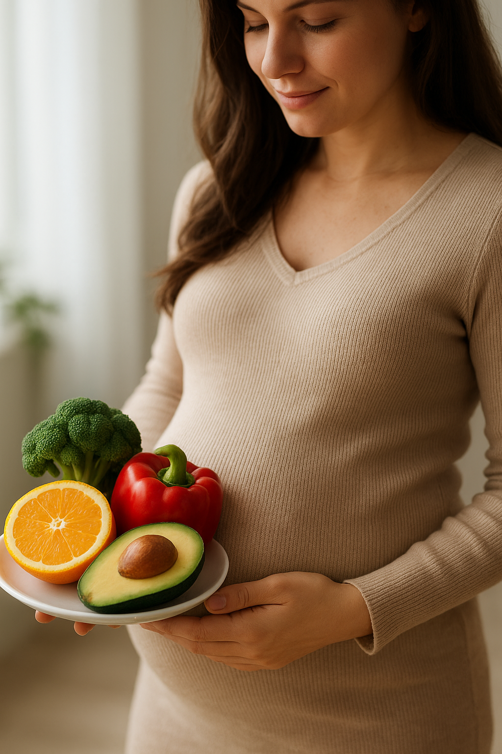 Várandós nő, aki friss zöldségeket és gyümölcsöket tart egy tányéron.