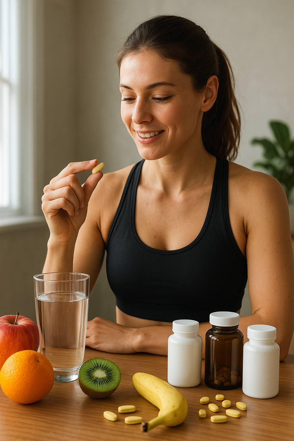 Egy nő vitaminokat szed sportolás előtt, gyümölcsök és víz társaságában.