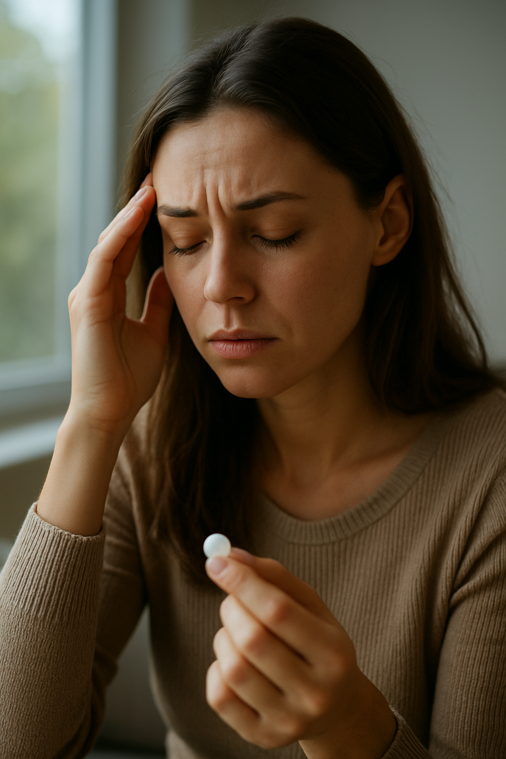 Fáradt nő, aki vitamin tablettát tart a kezében, fejfájással küzd.