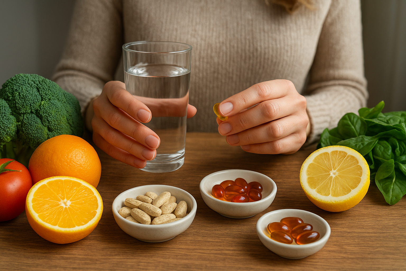 Egy nő vitaminokat és friss gyümölcsöket tart a kezében, vízzel.