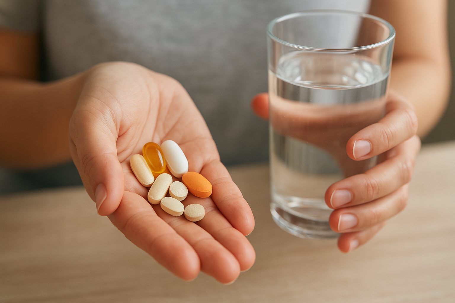 Különböző vitaminok és táplálékkiegészítők egy kézben, vízzel.