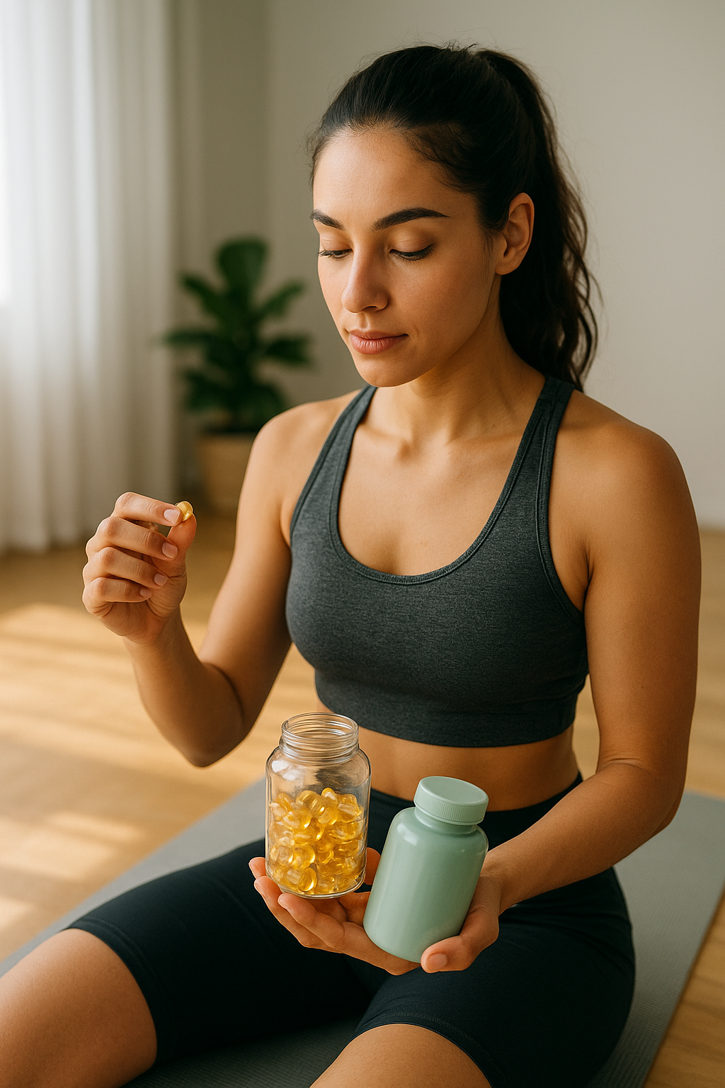 Egy fiatal nő vitaminokat tart a kezében edzés közben, figyelmesen nézve a kapszulákat.