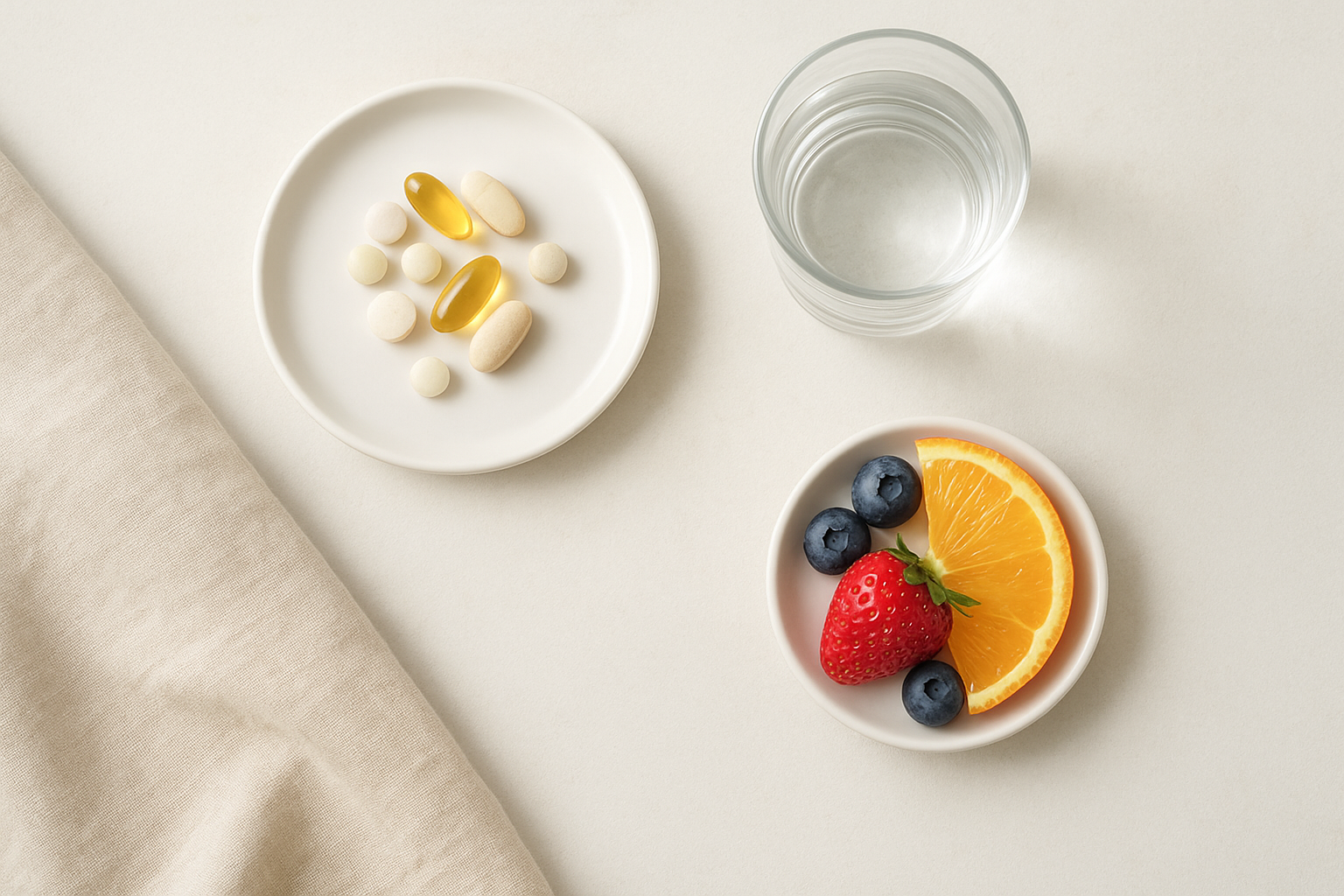 Egy tányér vitaminok, étrend-kiegészítők és friss gyümölcsök, víz mellett.