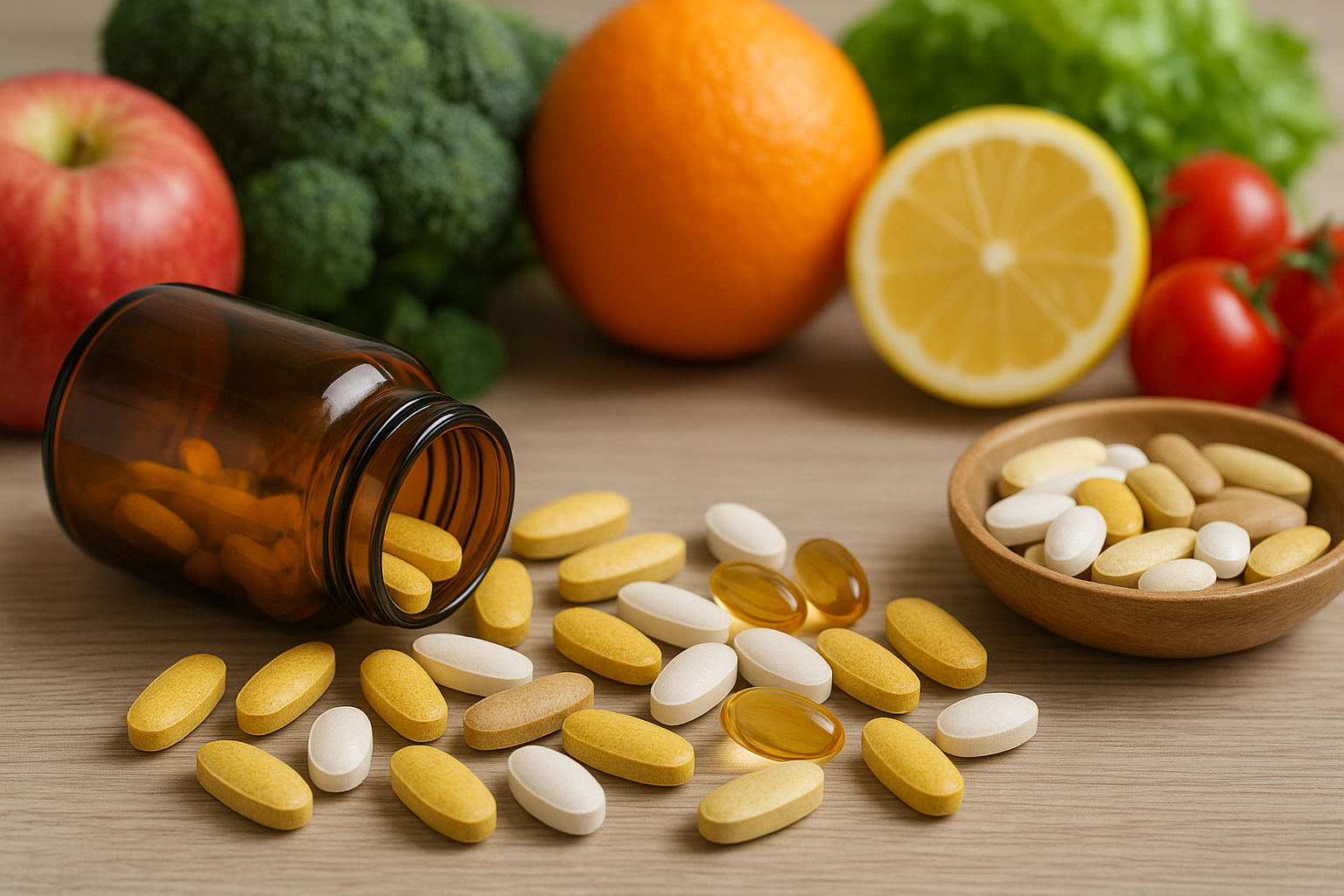 Vitaminok és friss gyümölcsök, zöldségek egy asztalon, egészséges táplálkozás.
