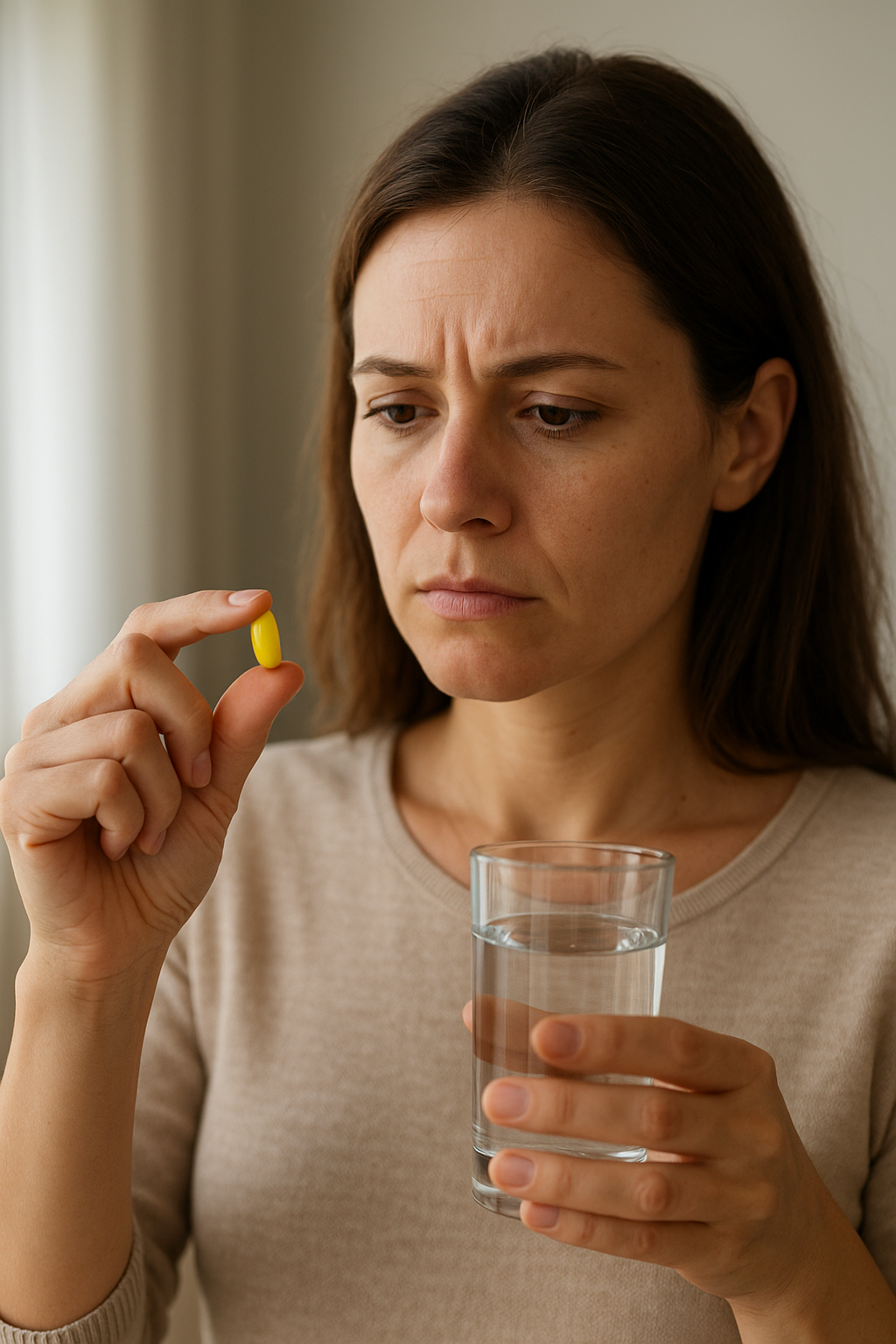 Egy nő sárga vitamintablettát néz, miközben egy pohár vizet tart a kezében.