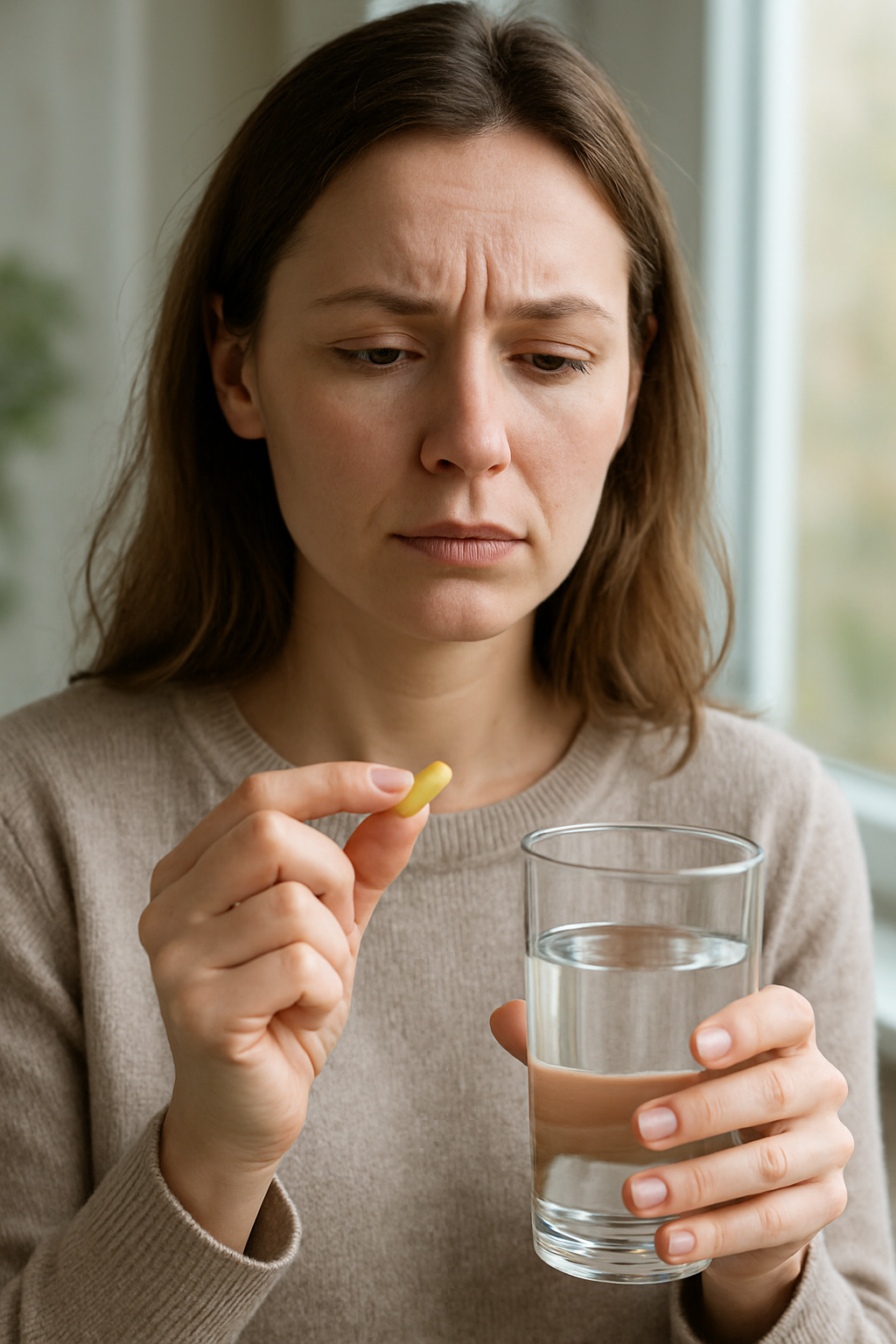 Egy nő aggódva nézi a kezében tartott vitamin tablettát és a vízzel teli poharat.