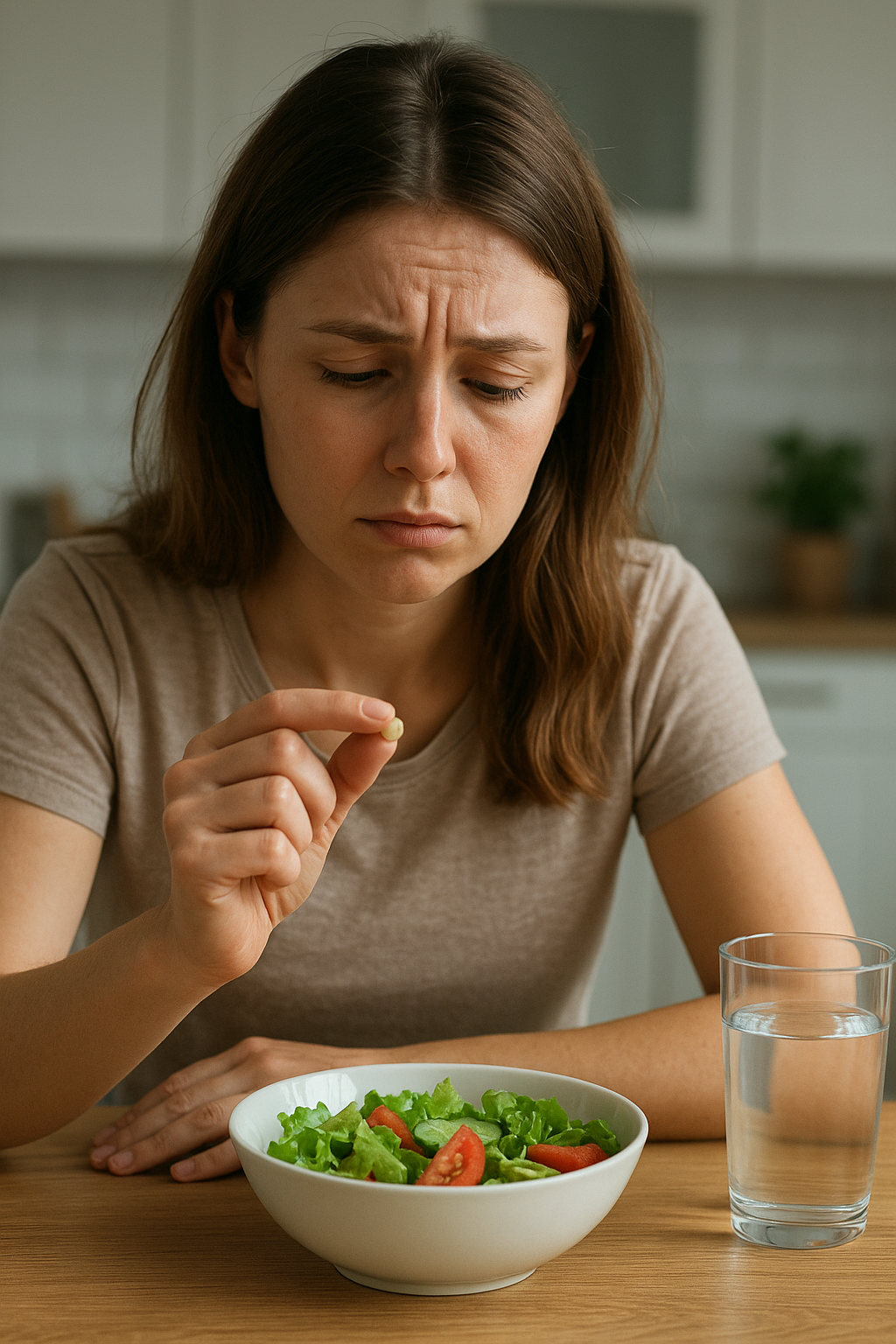Egy nő szomorúan nézi a vitamin tablettát, miközben salátát eszik.