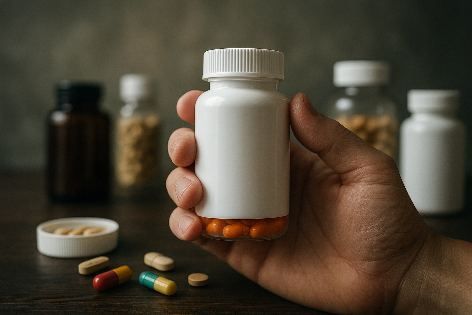 Egy kézben tartott fehér vitaminos üveg, narancssárga kapszulákkal, háttérben más vitaminos üvegek.