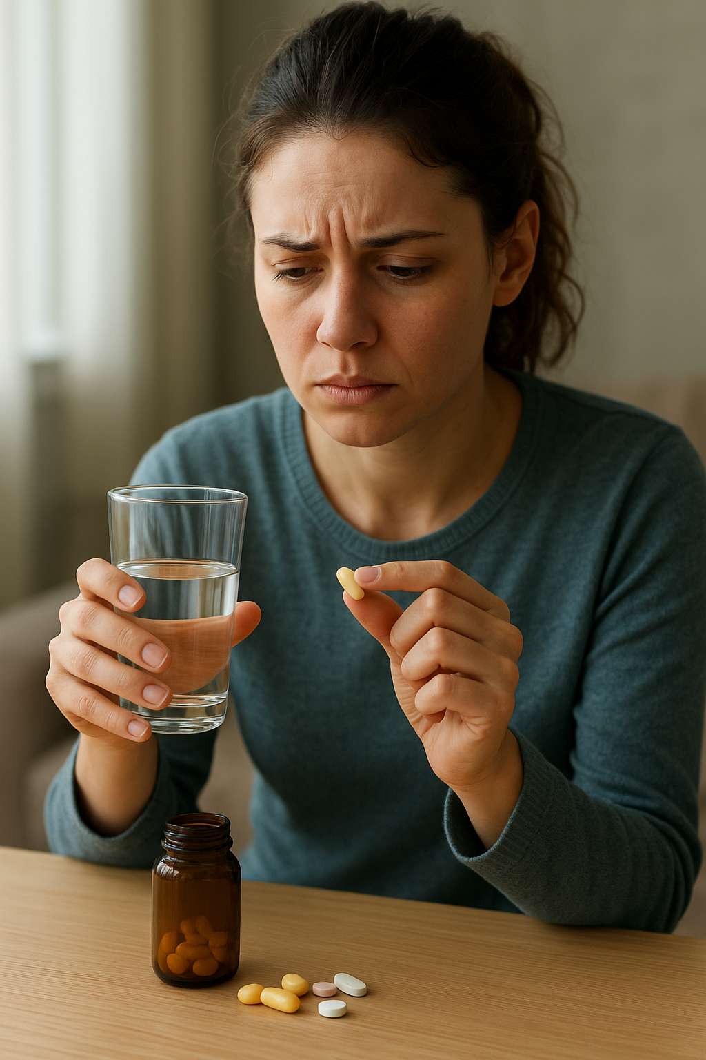 Egy fiatal nő aggódva nézi a vitamin tablettát, miközben vizet tart a kezében.