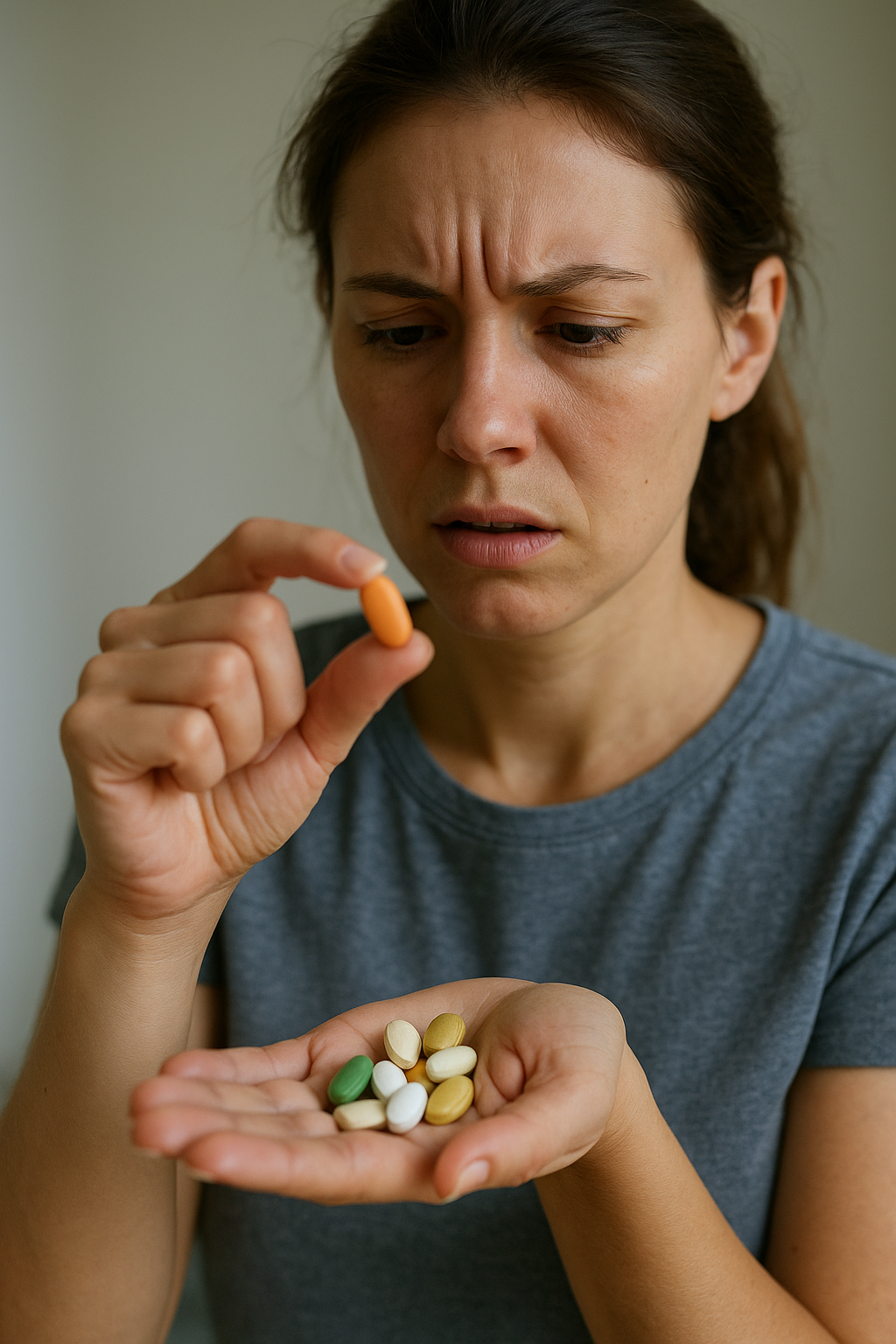 Egy nő aggódva nézi a kezében tartott vitaminokat és gyógyszereket.