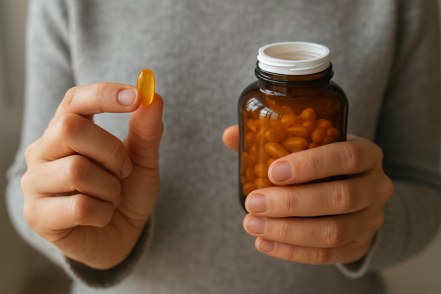 Egy kézben tartott sárga vitamin kapszula, mellette egy üveg vitamin.
