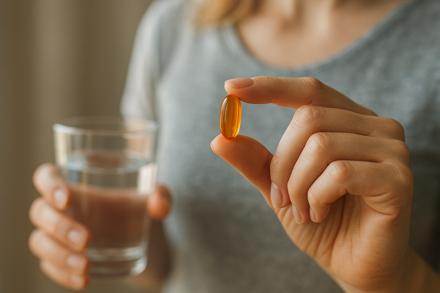Egy nő egy narancssárga vitamin kapszulát tart a kezében, míg a másik kezében egy pohár víz van.