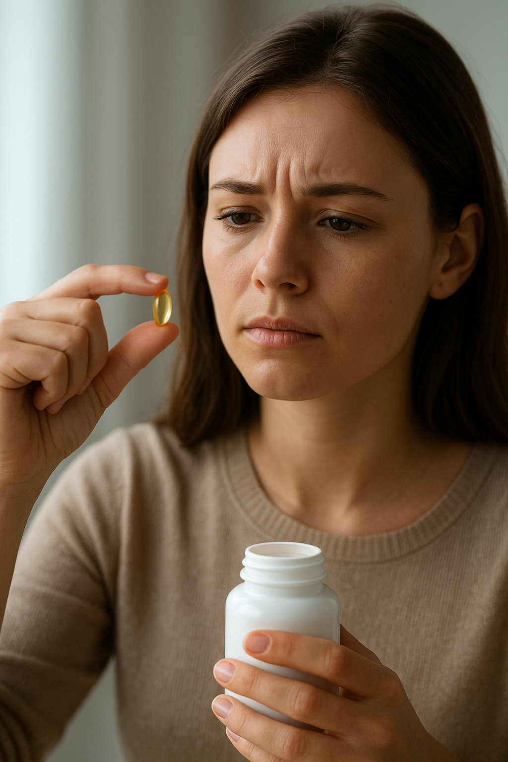 Egy nő figyelmesen nézi a kezében tartott vitamin kapszulát, miközben egy fehér vitaminos üveget tart a másik kezében.