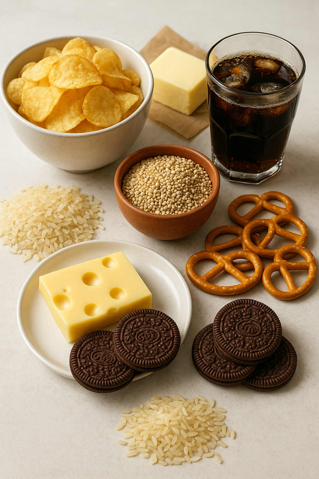 Különböző ételek, mint chips, sajt, keksz és rizs, amelyek gátolják a vitaminok felszívódását.