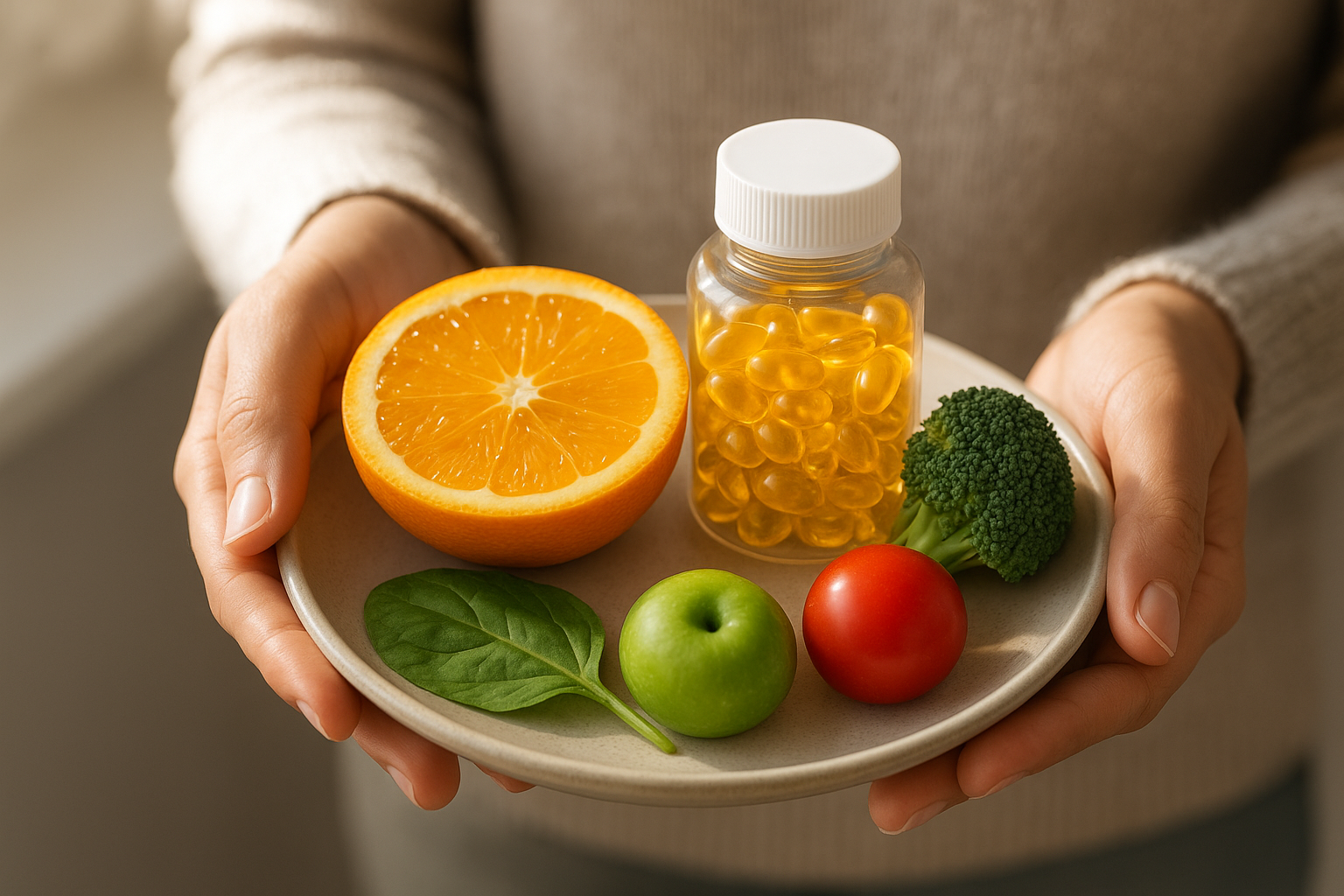 Egy tálcán friss zöldségek, gyümölcsök és vitamin kapszulák láthatók.
