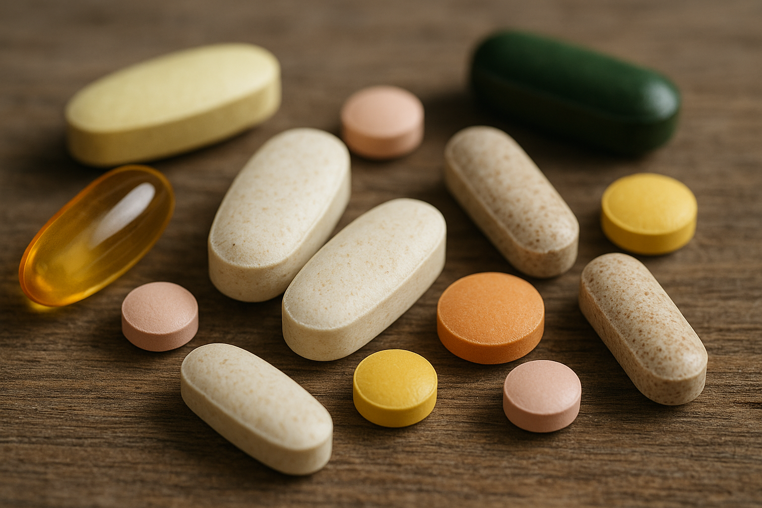 Különböző vitamin- és ásványi anyag tabletták egy fából készült felületen.