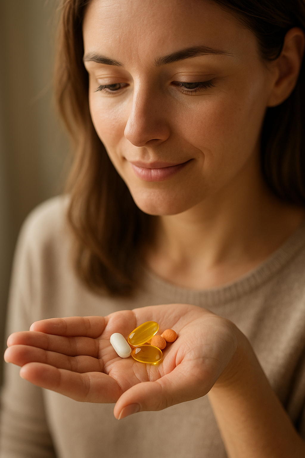 Egy nő a tenyerében különböző vitaminokat és táplálékkiegészítőket tart.