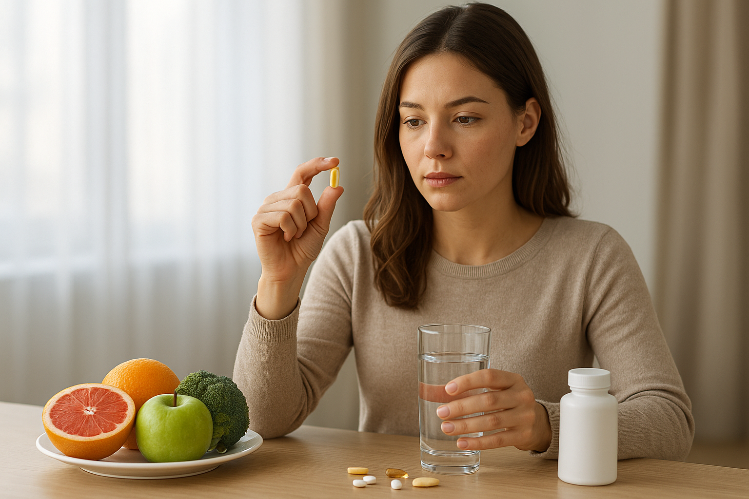 Egy nő vitaminokat és friss gyümölcsöket tartalmazó tányért néz, miközben egy kapszulát tart a kezében.