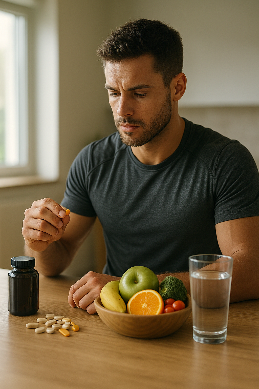 Egy sportoló vitaminokat szed, mellette gyümölcsök és víz található.