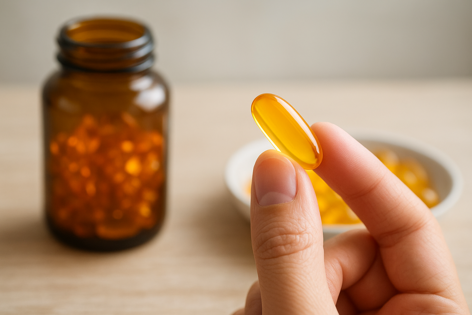 Egy kézben tartott sárga vitamin kapszula, háttérben vitaminos üveg.