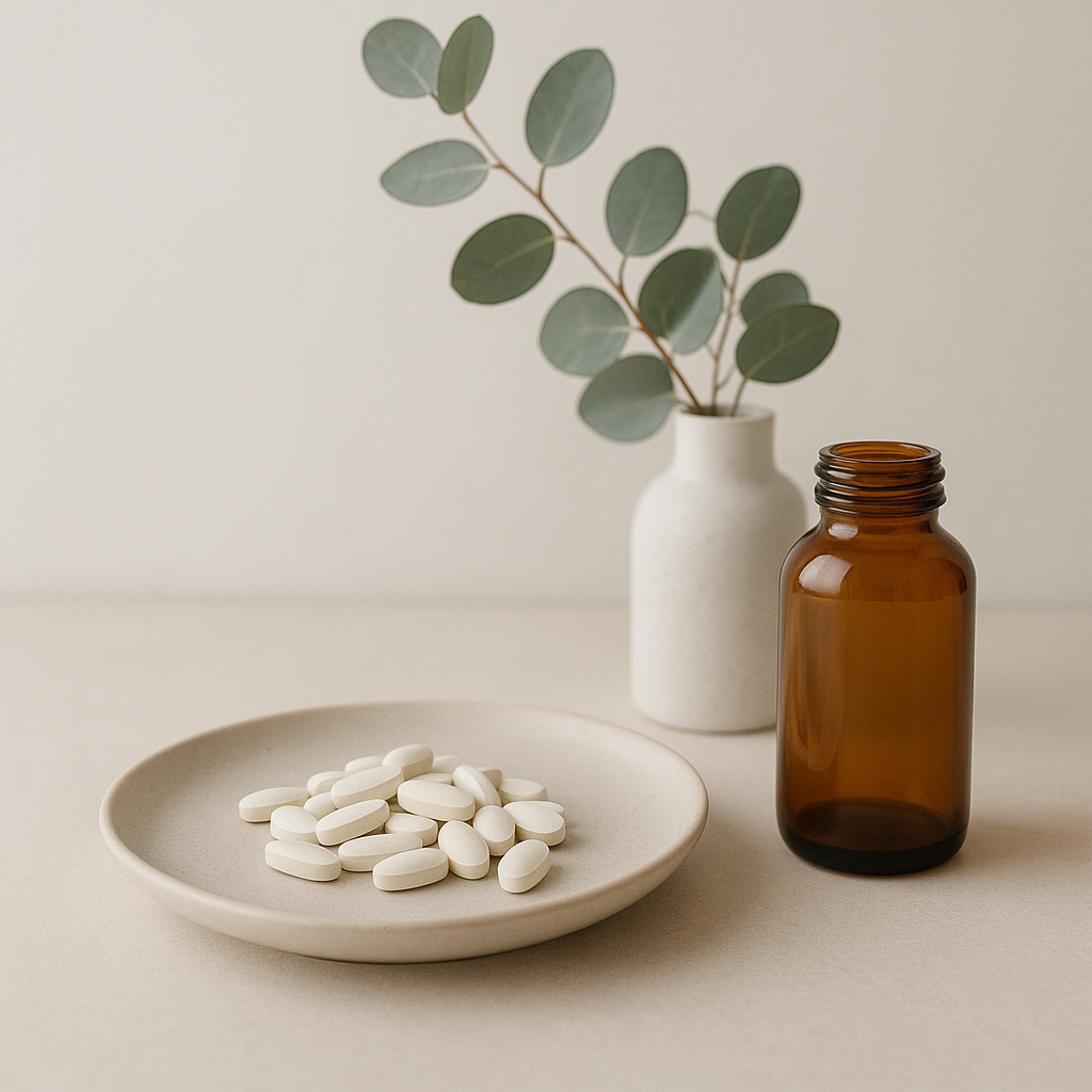 Fehér vitamin tabletták egy tányéron, mellette barna üveg és növény.