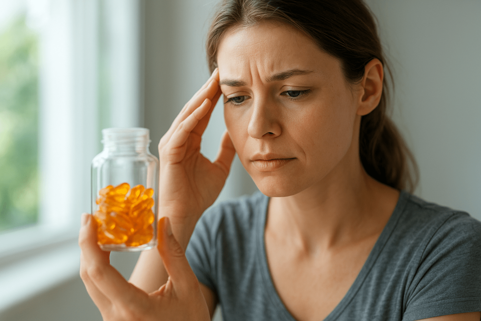 Egy nő aggódva nézi a vitaminokat tartalmazó üveget, miközben a felesleges vitaminok hatásairól gondolkodik.