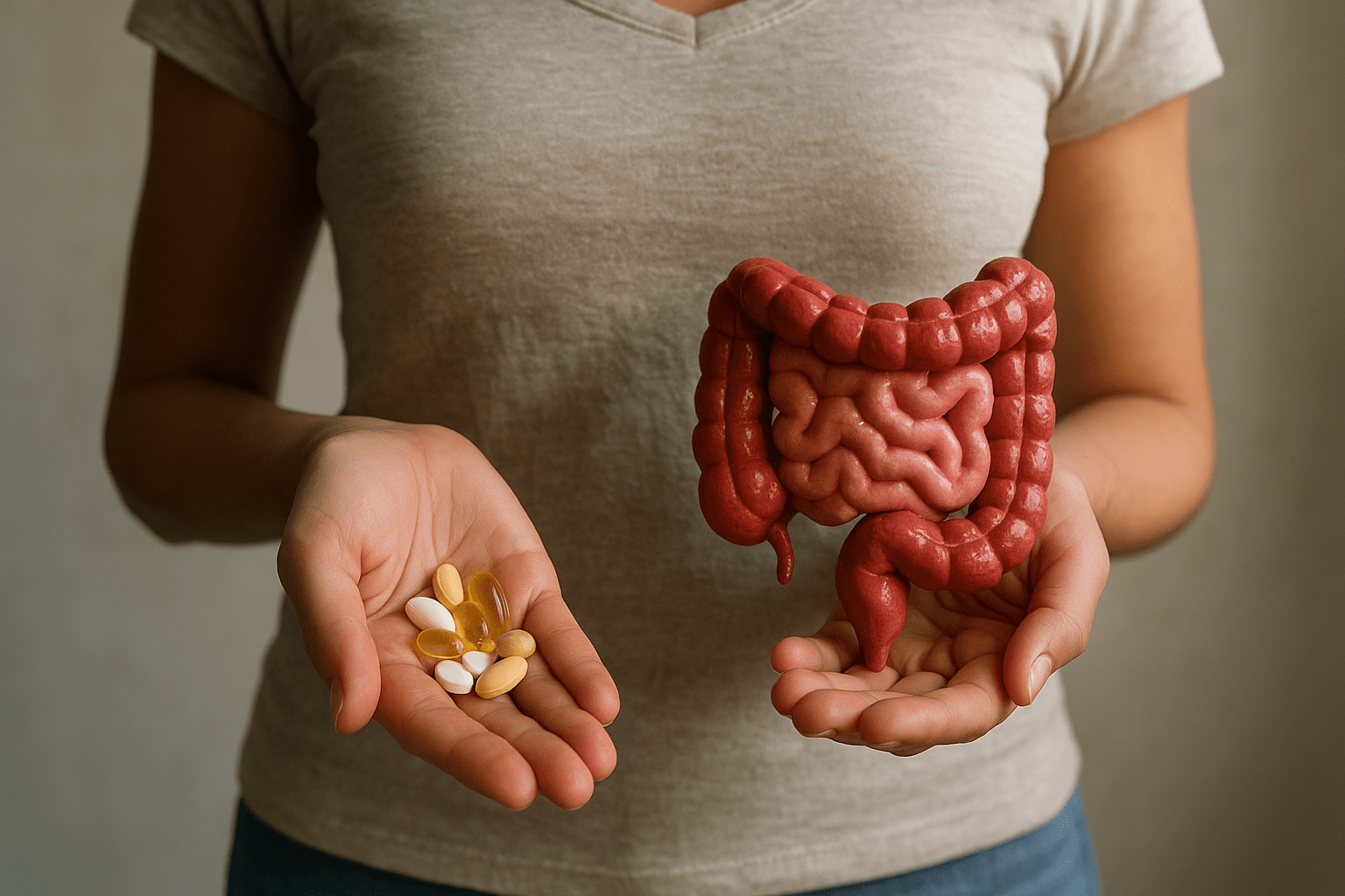 Egy nő kezében vitaminok és ásványi anyagok, mellette egy bélrendszert ábrázoló modell.