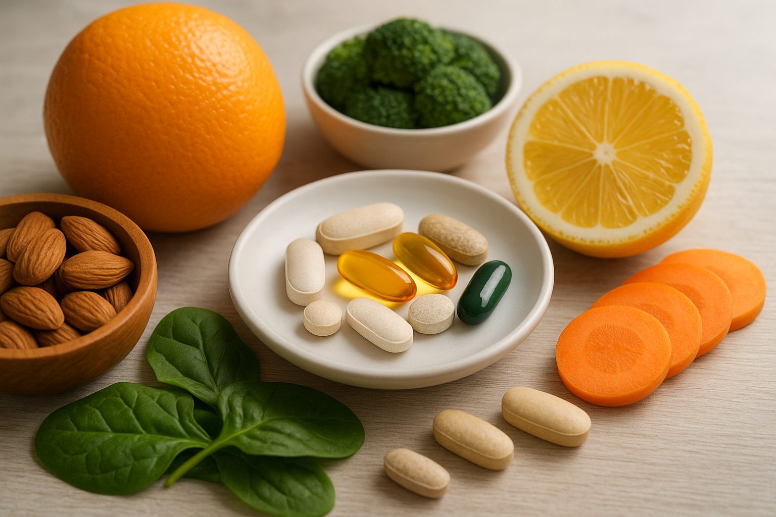 Friss gyümölcsök, zöldségek és vitaminok egy tányéron, egészséges táplálkozás.