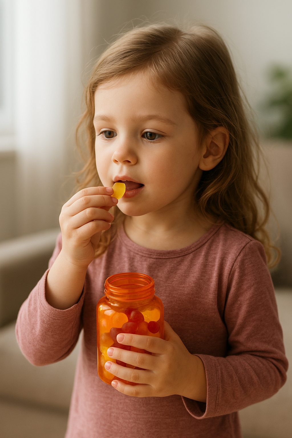 Egy kisgyermek vitamin gélét eszik, miközben egy üvegben tartja a többit.