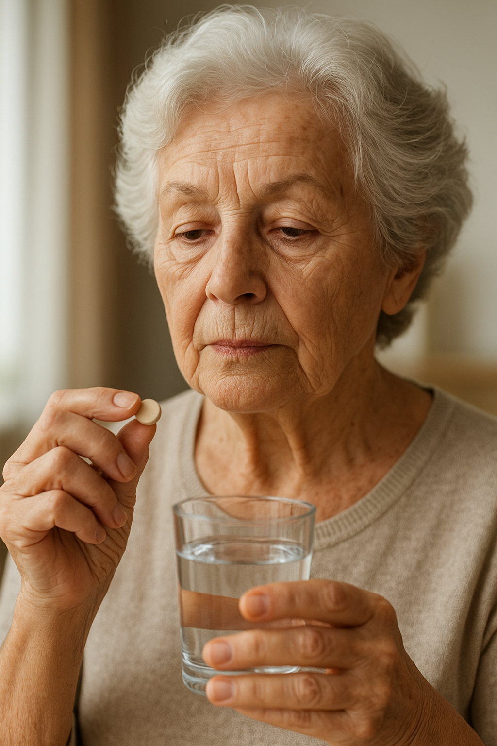Idősebb nő, aki vitamin tablettát tart a kezében, vízzel készül bevenni.