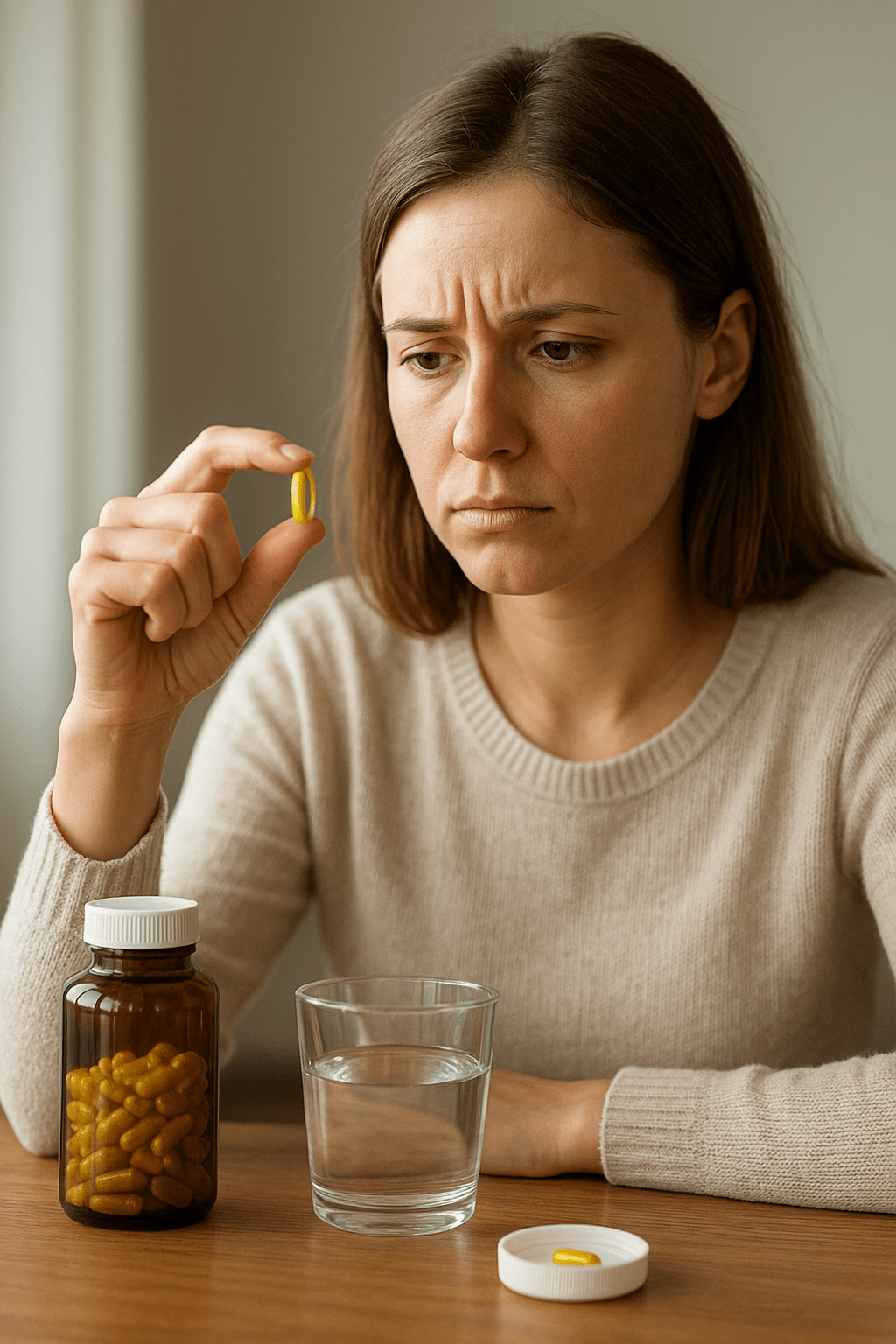 Egy nő aggódva nézi a kezében tartott sárga vitamint, mellette víz és vitaminos üveg.