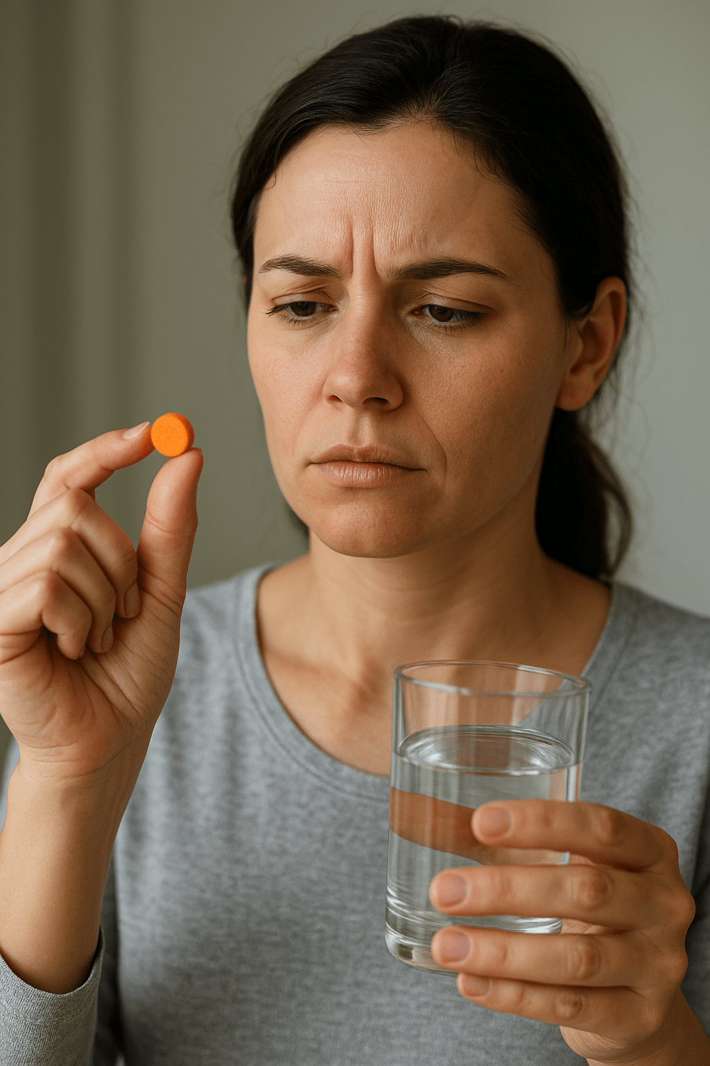 Egy nő közelről nézi az orange színű vitamint, miközben egy pohár vizet tart a kezében.