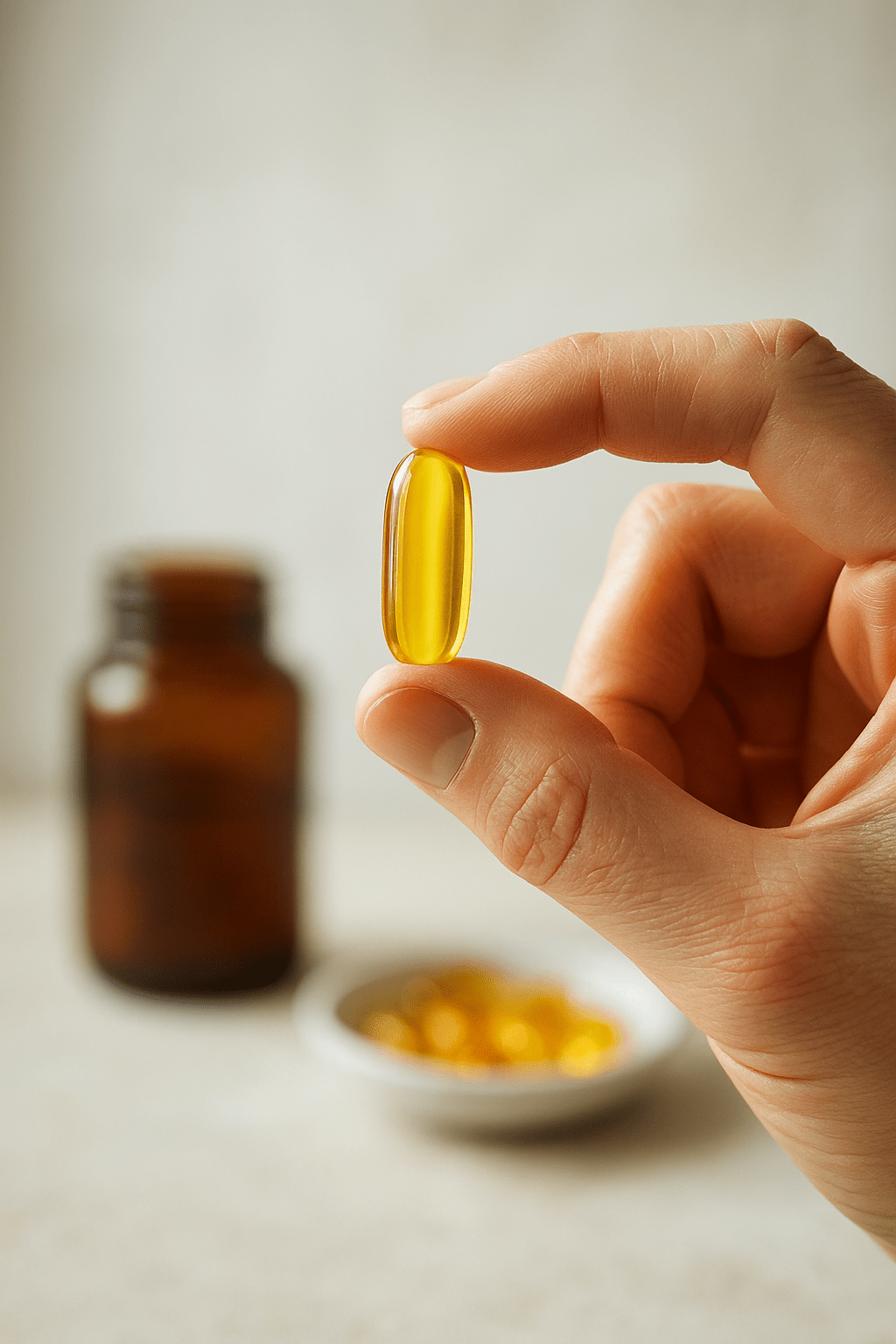 Egy kézben tartott sárga kapszula, mögötte vitaminos üveg és tányér.