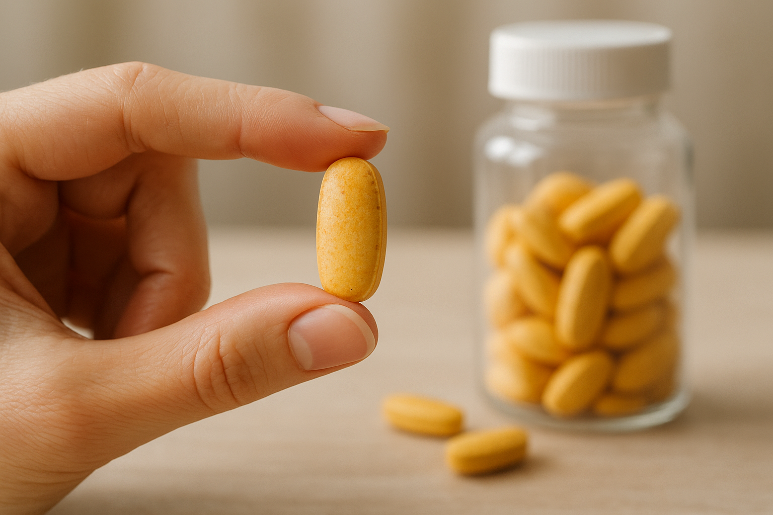 Egy kézben tartott sárga vitamin kapszula, mögötte egy üveg vitaminokkal.