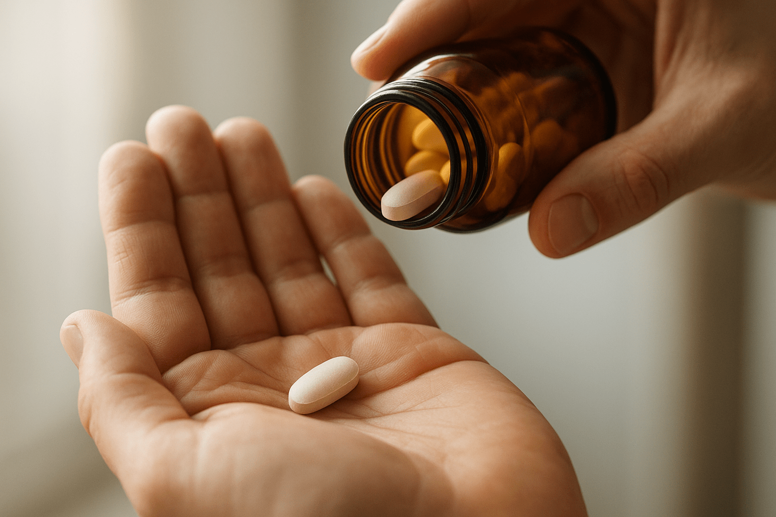 Egy kézben vitamin tabletta, amelyet egy barna üvegből öntenek ki.
