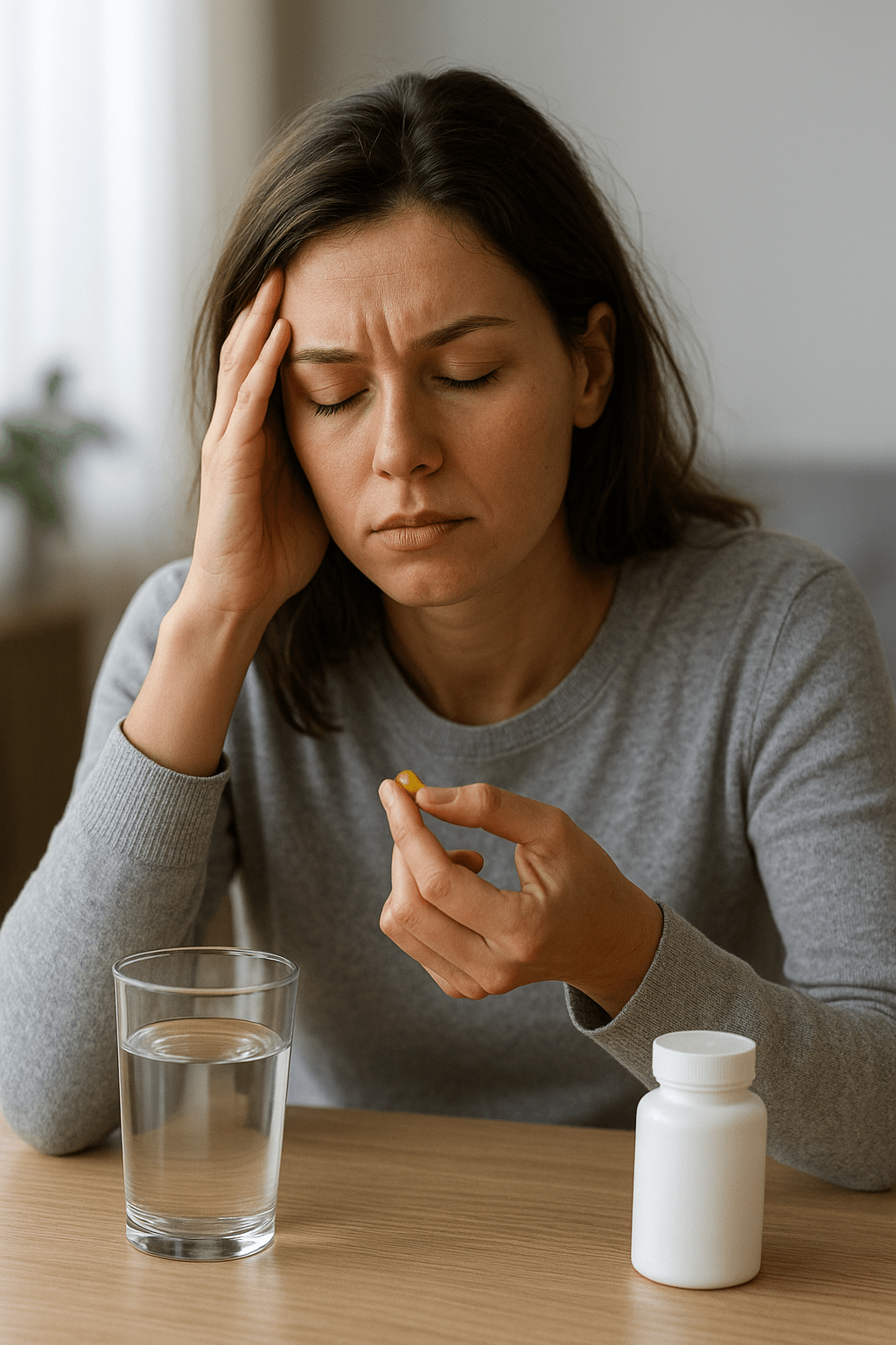 Fáradt nő vitamin kapszulát tart a kezében, víz mellett ülve.