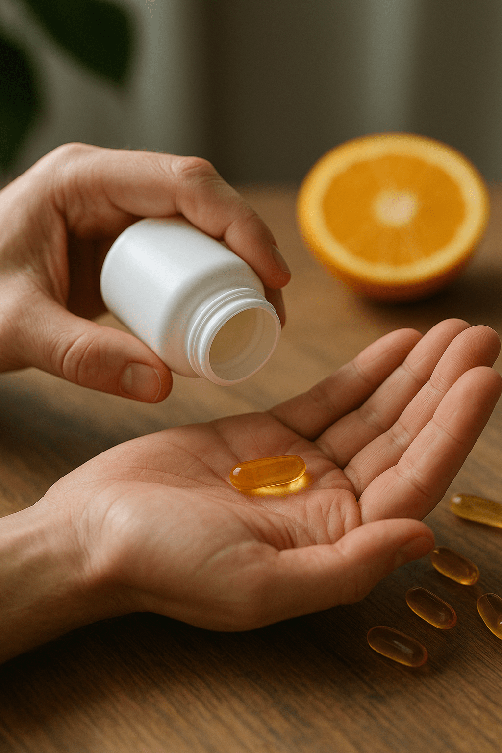 Kézben tartott vitamin kapszula, háttérben narancs és más kapszulák.